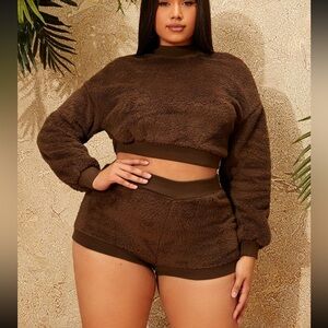 SHEIN SXY • 🧸 Brown Mock Neck Drop Shoulder Flannel Pullover & Shorts XL (12)